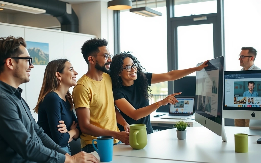 Echipa spotlesslab colaborând fericită într-un birou modern de design web, cu ecrane luminoase și idei creative