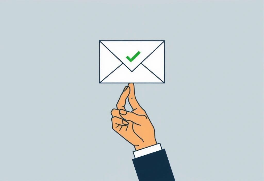 Ilustrație cu o mână care ține un plic cu o bifă verde, simbolizând o aplicație trimisă cu succes