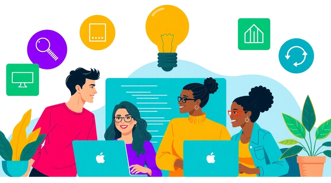 Ilustrație modernă cu o echipă diversă lucrând împreună, cu elemente de design web și progres vizibile pe fundal