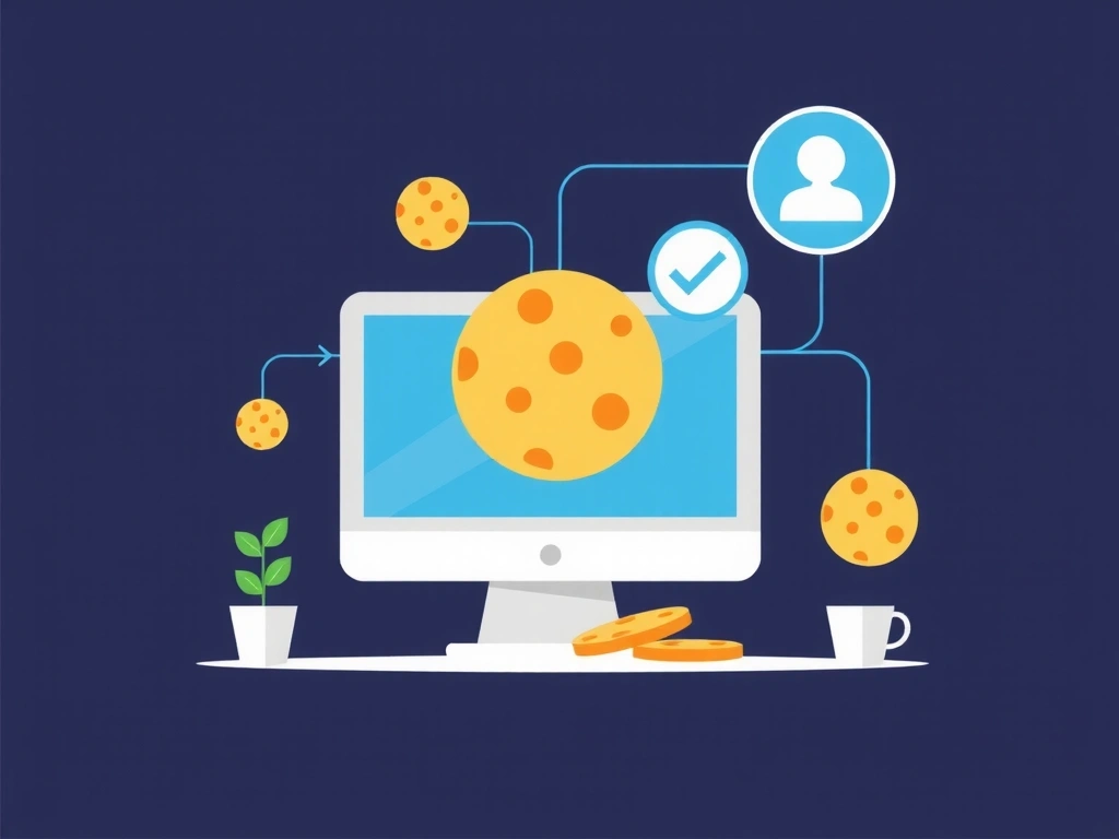 Ilustrație cu simboluri de cookie-uri și date digitale pe un ecran de computer