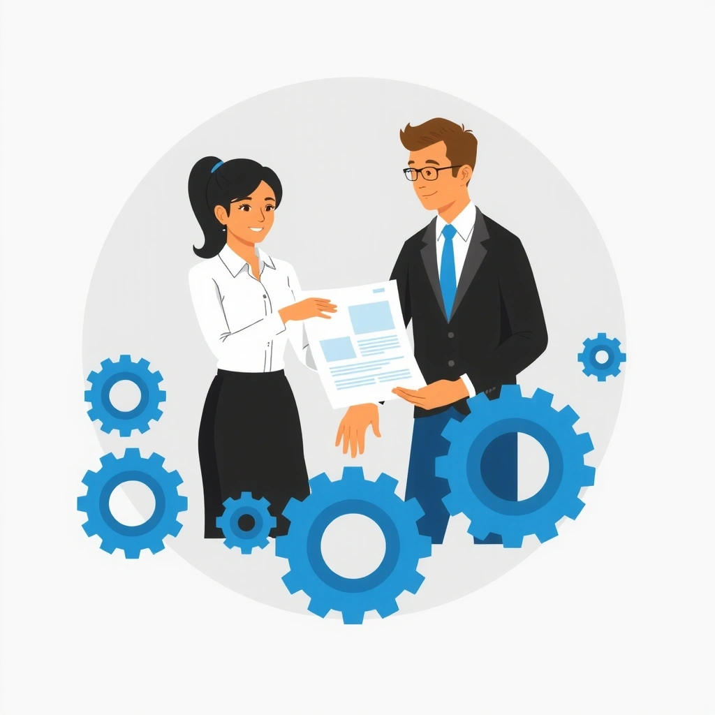 Ilustrație cu două persoane care colaborează la un proiect, simbolizând parteneriatele de afaceri.